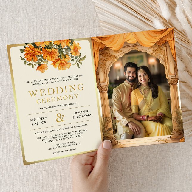 Convite Marigold Floral Yellow South Indian Mandap Weding (Criador carregado)