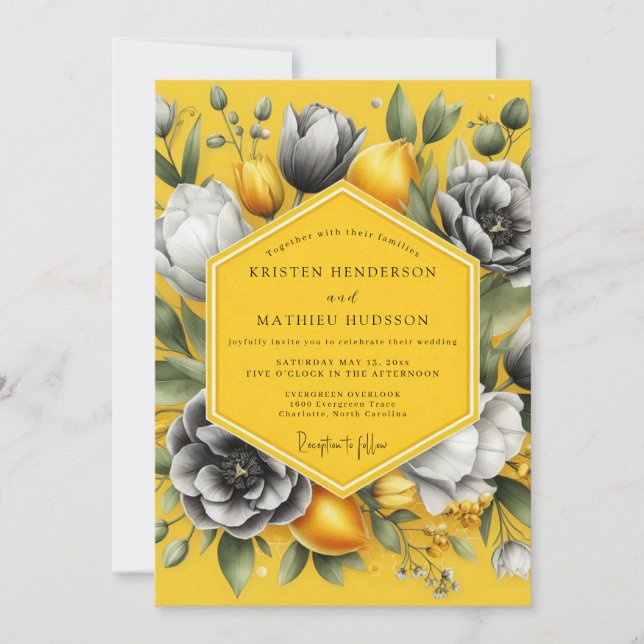 Convite Marigold Greyscale Citrus Wedding (Frente)