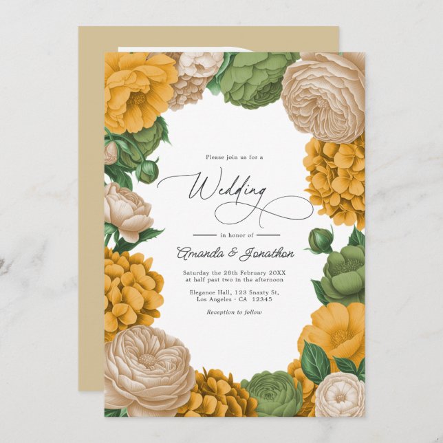 Convite Marigold, Olive & Warm Cream Floral Wedding (Frente/Verso)