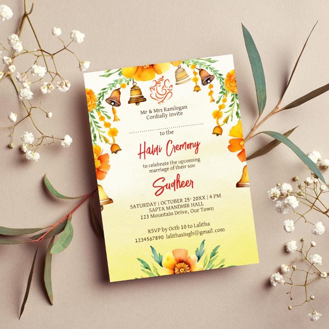 Convite Marigolds Haldi e sinos modelo de casamento índio (Haldi Indian wedding marigold and bells template invitation instant digital download yellow Ganesha)