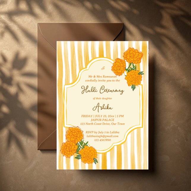 Convite Marigolds listras amarelas Haldi casamento indiano (Marigolds yellow stripes Haldi Indian wedding Invitation)