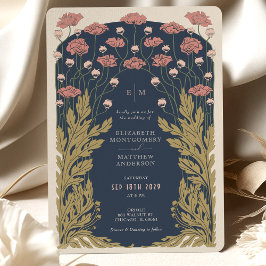Convite Marine Blue Pink Vintage Art Nouveau Floral
