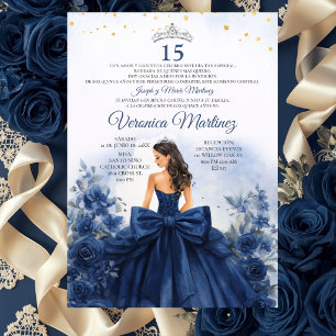Convite Marinha Azul Princesa Floral Sweet 15 Anos Espanho