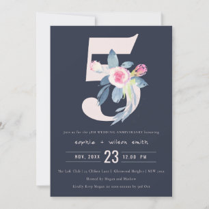 CONVITE MARINHA BEGE AZUL FLORAL 5º ANIVERSÁRIO DE QUALQUE