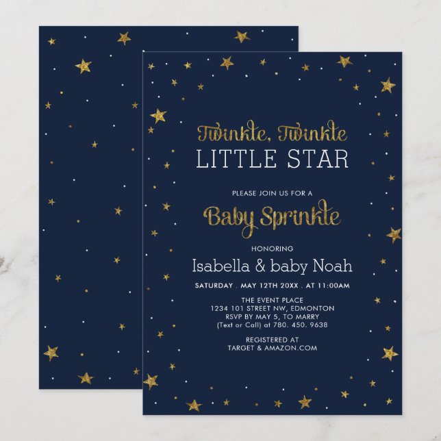 Convite Marinha & Dourado | Estrelinha Baby Sprinkle (Frente/Verso)