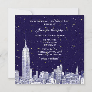 Convite Marinha NYC Silhueta Etch Estrelas DIY BG Doce 16