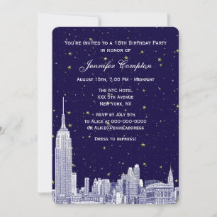 Convite Marinha NYC Silhueta Etch Estrelas DIY BG Doce 16