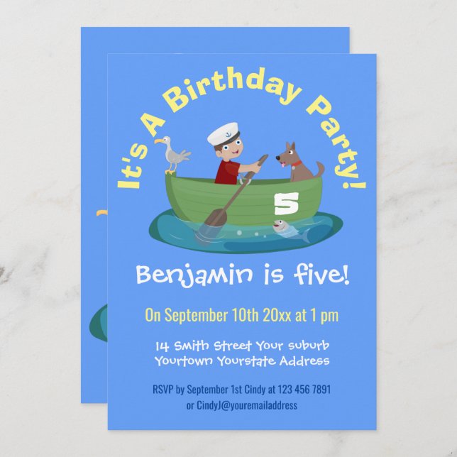 Convite Marinheiro e cartoon de barco a remos de cãozinho (Frente/Verso)