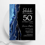 Convite Marinho Agate Silver Black Surpresa 50º aniversári<br><div class="desc">Marinho azul, preto e prateado agata surpresa 50º convite de aniversário. Elegante design moderno com cor azul-real de água agate marble geode fundo, faux glitter prata e script de tipografia. Trendy convida o cartão perfeito para uma comemoração de dia das mulheres na moda. Impressos convites Zazzle ou modelo de impressão...</div>