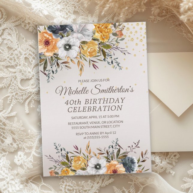 Convite Marinho Amarelo aniversário de 40 anos Floral Azul (Rustic mustard yellow and navy blue watercolor floral 40th birthday party invitation)