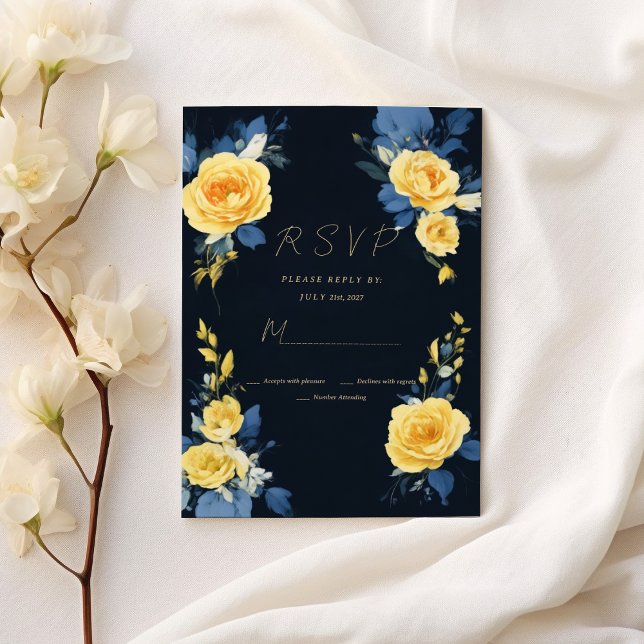 Convite Marinho amarelo-botão azul-boho floral RSVP (Buttercup yellow navy blue boho floral RSVP)