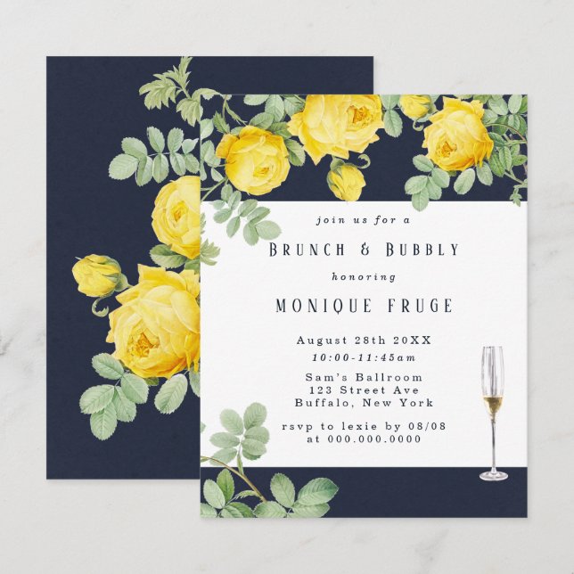 Convite Marinho Amarelo Rose Rustic Brunch & Bubble Invite (Frente/Verso)