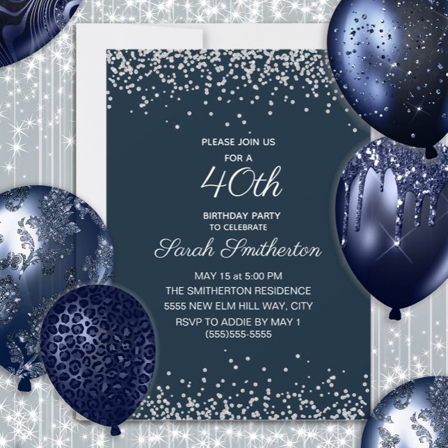 Convite Marinho aniversário de 40 anos Azul Silver Diamond (Navy blue and silver glitter women's 40th birthday party invitation)