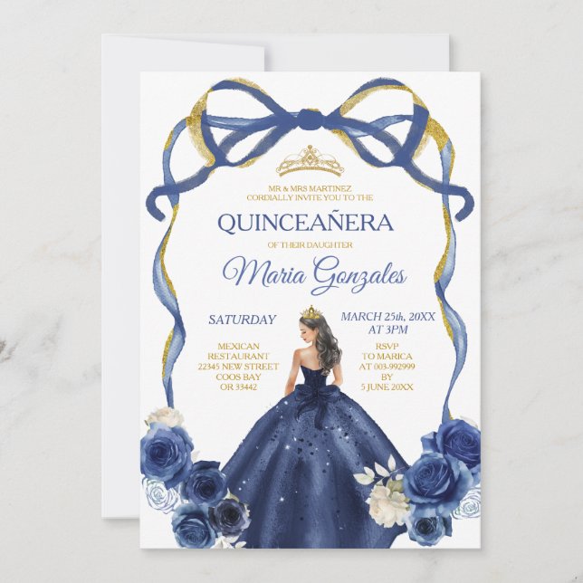 Convite Marinho Arco Azul Princesa Coroa Dourada Quinceañe (Frente)