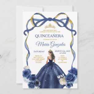 Convite Marinho Arco Azul Princesa Coroa Dourada Quinceañe