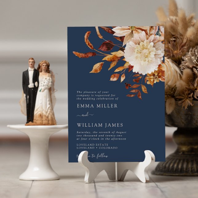 Convite Marinho Autumn Modern Watercolor Terracotta Casame (Navy Autumn Modern Watercolor Terracotta Wedding Invitation
)