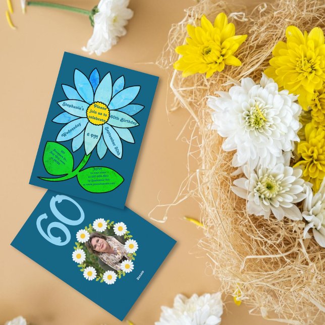 Convite Marinho Azul 60º Aniversário Simples Azul Girassol (Criador carregado)