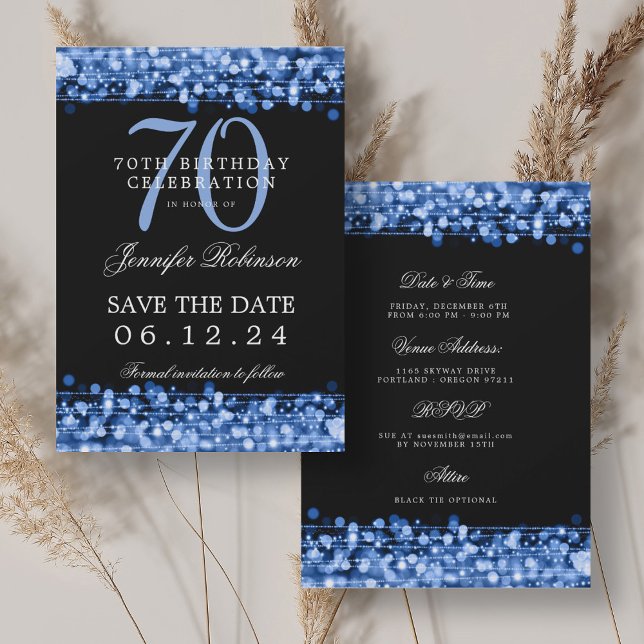 Convite Marinho Azul 70 Aniversário Guarde a Data com Deta (Navy Blue 70th Birthday Save the Date w/ Details Invitation)