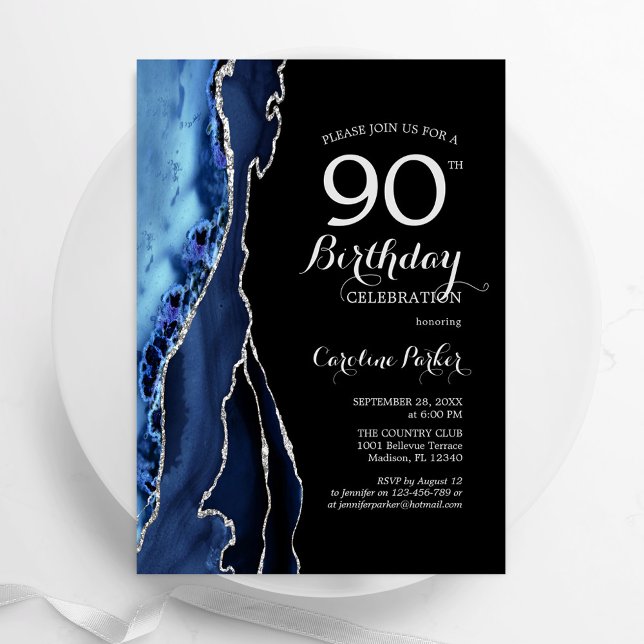 Convite Marinho  Azul Agate Prata 90 Preto Aniversário (Criador carregado)