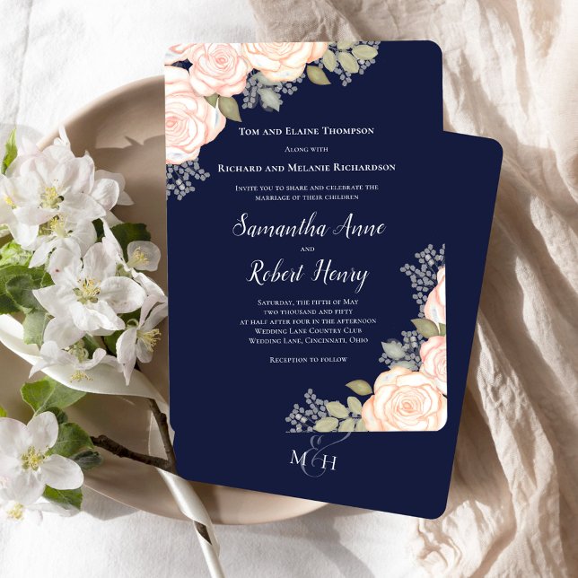 Convite Marinho Azul Água Blush Floral Casamento (Navy blue wedding invitation template with blush pink floral.)