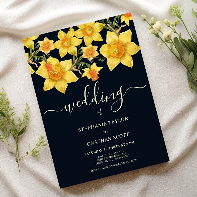 Convite Marinho azul-amarelo-alaranjado-daffodils casament (Navy blue yellow orange daffodils floral wedding)