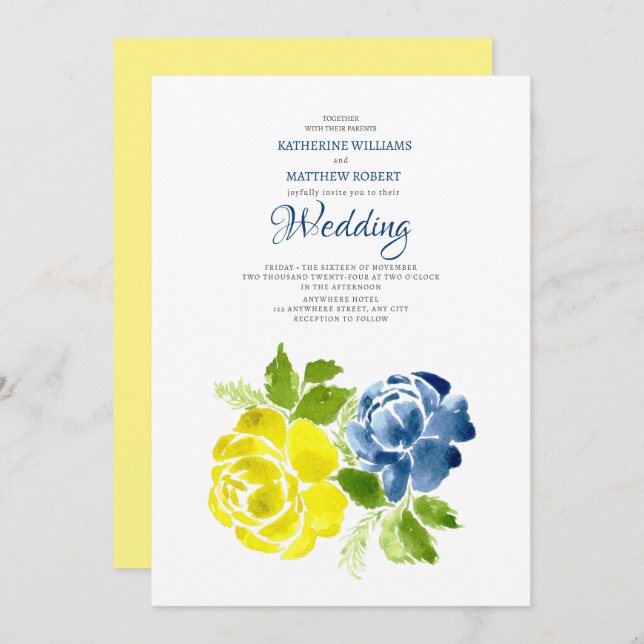 Convite Marinho Azul Amarelo floral Casamento de Verão (Frente/Verso)
