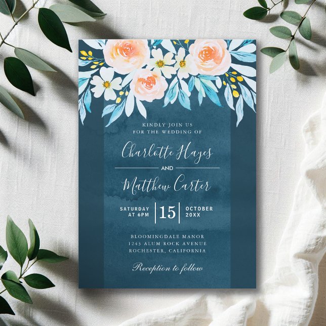 Convite Marinho Azul Aquarela Floral Moderno Casamento (Criador carregado)