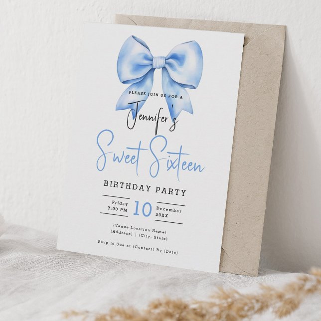 Convite Marinho Azul Arco Coquette Cute Script Sweet 16 (Navy Blue Bow Coquette Cute Script Sweet 16 Invitation)