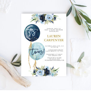 Convite Marinho azul balão chá de fraldas Gêmeos rapaze