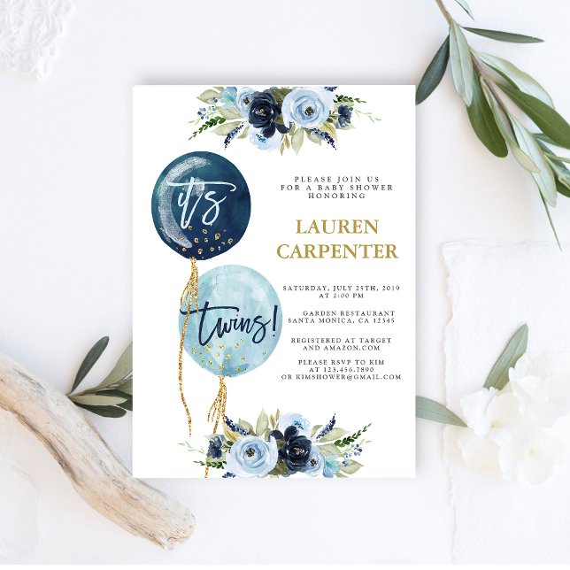 Convite Marinho azul balão chá de fraldas Gêmeos rapazes C (Criador carregado)