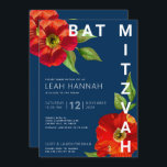 Convite Marinho Azul Bat Mitzvah Red Floral Watercolor Mod<br><div class="desc">Tenha orgulho, alegria e mostre este marco do seu Bat Mitzvah favorito com este sofisticado e personalizado convite! Uma aquarela floral vermelha, chica, espantosa, com serifa san moderna sobrepõe um fundo azul marinho. Personalize o texto personalizado com o nome, a data e as informações do local do seu Bat Mitzvah....</div>