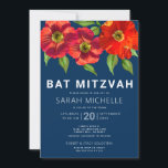 Convite Marinho Azul Bat Mitzvah Red Watercolor Floral Mod<br><div class="desc">Tenha orgulho, alegria e mostre este marco do seu Bat Mitzvah favorito com este sofisticado e personalizado convite! Uma aquarela floral vermelha, chica, espantosa, com serifa san moderna sobrepõe um fundo azul marinho. Personalize o texto personalizado com o nome, a data e as informações do local do seu Bat Mitzvah....</div>