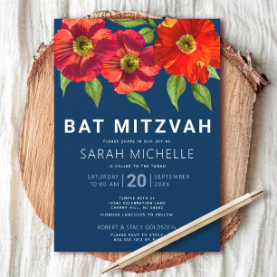 Convite Marinho Azul Bat Mitzvah Red Watercolor Floral Mod
