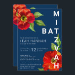 Convite Marinho Azul Bat Mitzvah Vermelho Floral Moderna C<br><div class="desc">Tenha orgulho, alegria e mostre este marco do seu Bat Mitzvah favorito com este sofisticado e personalizado convite! Uma aquarela floral vermelha, chica, espantosa, com serifa san moderna sobrepõe um fundo azul marinho. Personalize o texto personalizado com o nome, a data e as informações do local do seu Bat Mitzvah....</div>