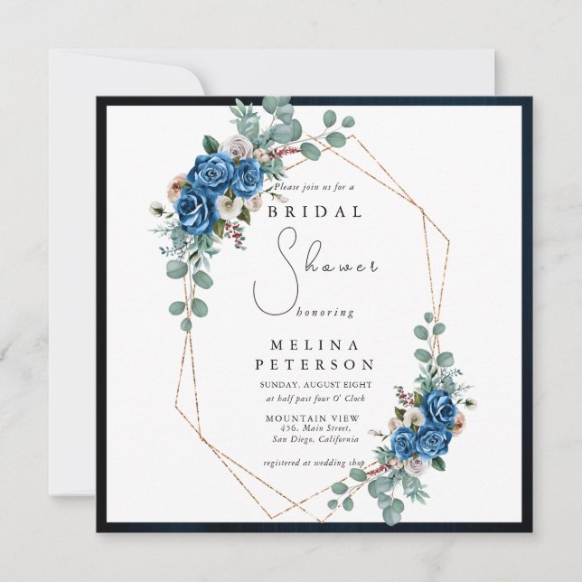 Convite Marinho Azul Blush Chá de panela Floral Pink Dusty (Frente)