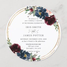 Convite Marinho Azul Blush Floral Chic Burgundy