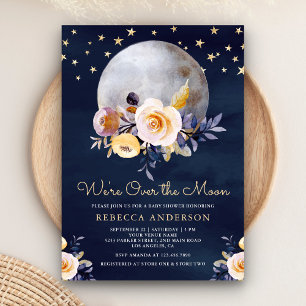 Convite Marinho Azul Boho Floral Terroso Chá de Bebê Lua