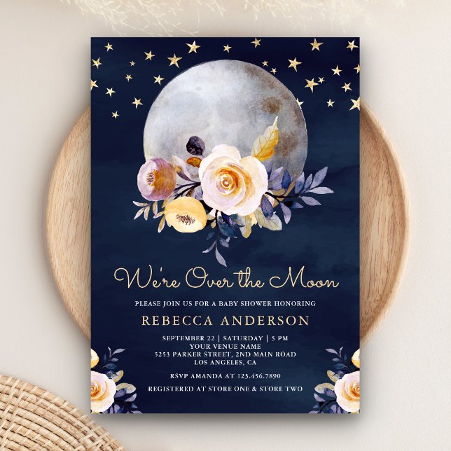 Convite Marinho Azul Boho Floral Terroso Chá de Bebê Lua (Criador carregado)
