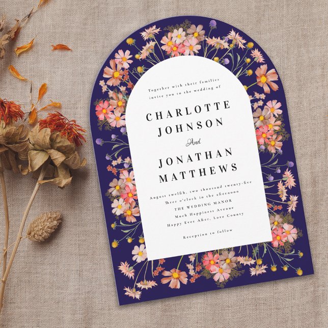 Convite Marinho Azul Boho Queda Casamento de Arca de Flor  (Navy blue boho rustic floral arch fall wedding invitation Watercolor wildflowers elegant modern )