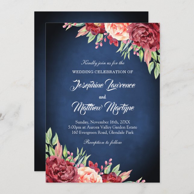 Convite Marinho Azul Borgonha Blush Elegante Casamento Flo (Frente/Verso)