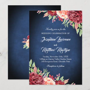 Convite Marinho Azul Borgonha Blush Elegante Casamento Flo