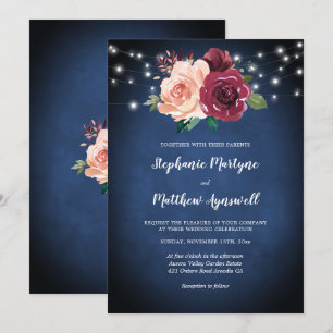 Convite Marinho Azul Borgonha Blush Luzes Florais Casament