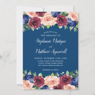 Convite Marinho Azul Borgonha Blush Moderno Casamento Flor