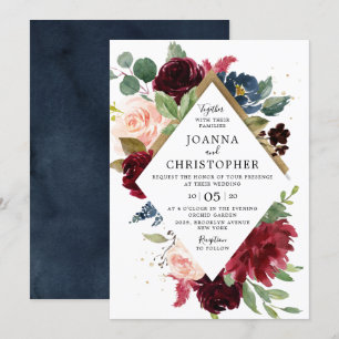 Convite Marinho Azul Borgonha Blush Rosa Boho Casamento