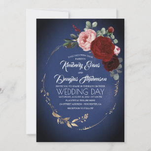 Convite Marinho Azul Borgonha e Casamento Floral Dourado B