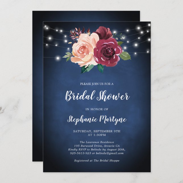 Convite Marinho Azul Borgonha Luzes Florais Chá de panela (Frente/Verso)