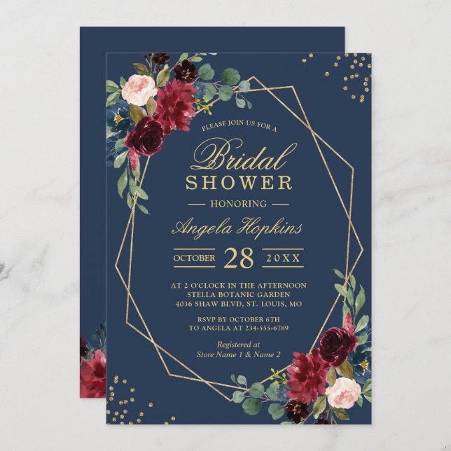 Convite Marinho Azul Borgonha Vermelha Floral  Moderno Chá (Frente/Verso)