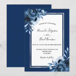 Convite Marinho azul branco floral prata casado quic