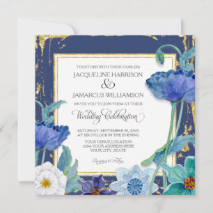 Convite Marinho Azul Branco Moldura Arte Floral com Quadro