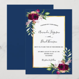Convite Marinho azul burgundy florais ouro boho casamento
